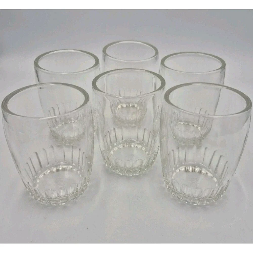 6 Vintage 8oz Bartlett Collins Glass Barrel Tumblers Ribbed Rocks Anchor Hocking